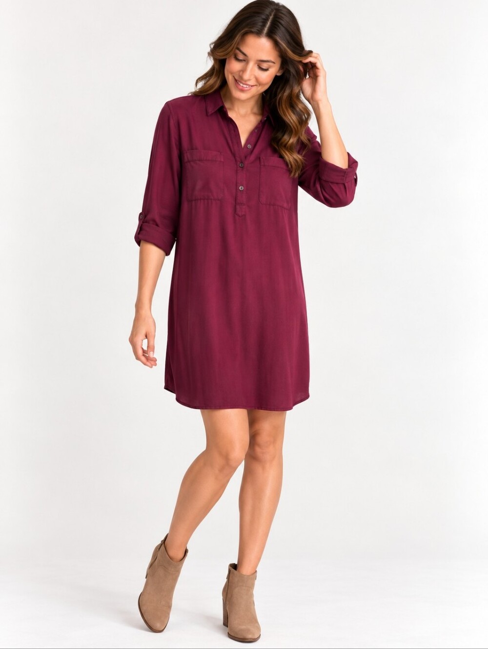 SO Burgundy Shirt Dress Plum Button Front Roll Tab Sleeve Juniors Soft M